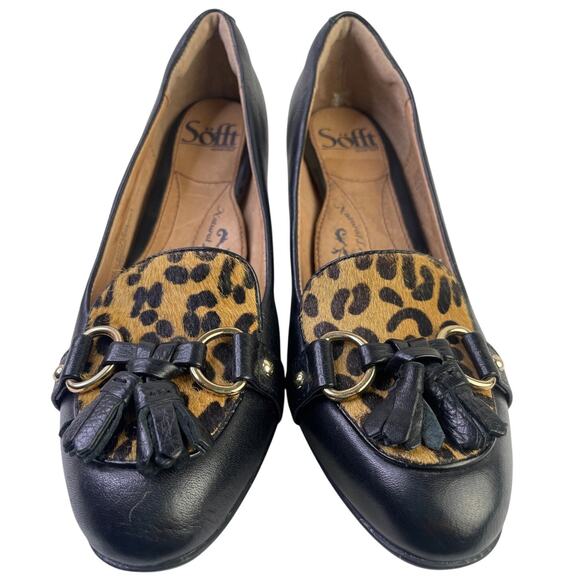 Sofft Womens Black Leopard Leather Pumps 3" Heel Tassles Gold Accents Size 6.5 - Picture 4 of 11